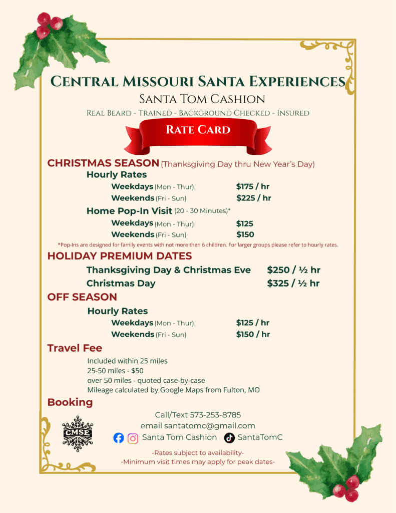 Rate Card for Central Missouri Santa Experiences