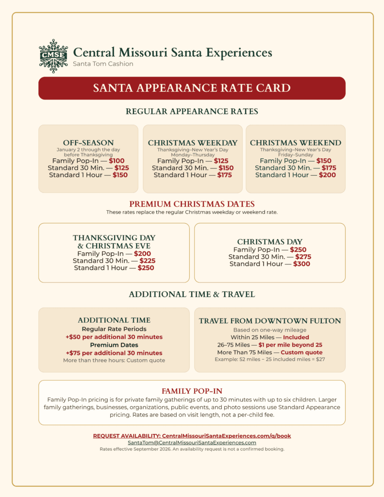 Central Missouri Santa Experiences appearance rate card showing regular, premium Christmas, additional-time, and travel rates